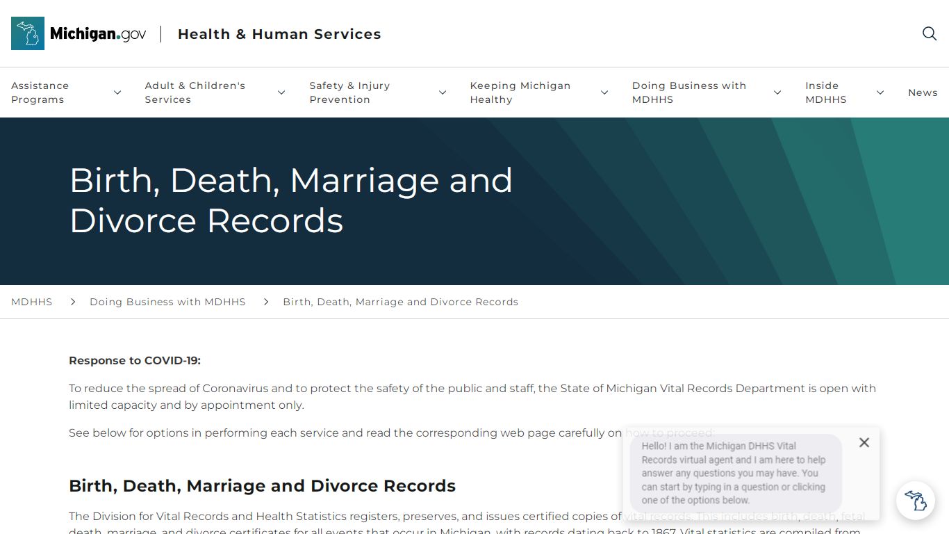 Birth, Death, Marriage and Divorce Records - Michigan