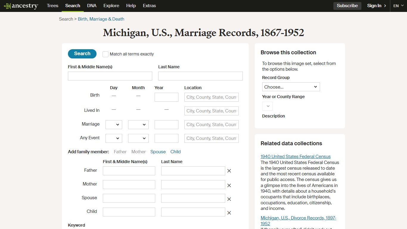 Michigan, U.S., Marriage Records, 1867-1952 - Search